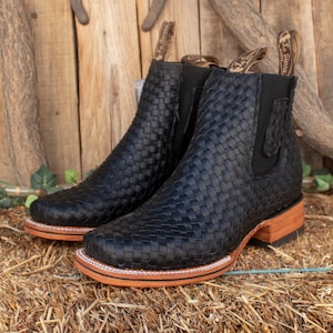 MENS LEATHER COWBOY black Handtooled square toe half boots botines Petatillo