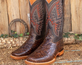 WOMENS COWGIRL cowboy hand tooled cincelado leather stamped square toe BOOTS