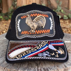 ROOSTER Gallo cockfighting metal plaque western EMBROIDERED HAT adjustable trucker mesh cap