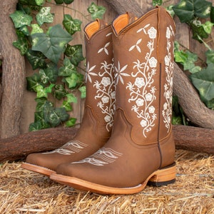 WOMENS COWGIRL cowboy square toe leather Rose embroidered BOOTS