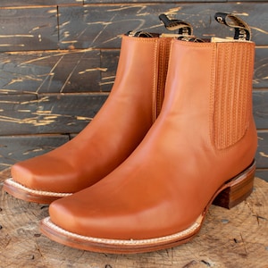 MENS LEATHER COWBOY rodeo square toe half boots botines