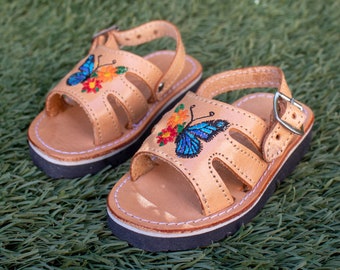 GIRLS WALKER TODDLER Butterfly Flower embroidered leather huarache sandals