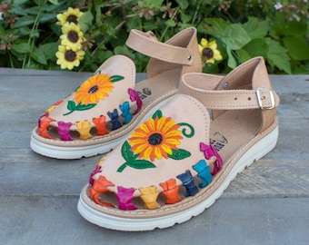 WOMENS MEXICAN SANDALS multi color leather Sunflower embroidered shoe huarache