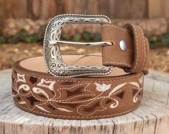 WOMENS FLOWER EMBROIDERED brown Western cowgirl cowboy leather belt