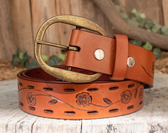 Womens LEATHER FLORAL STAMPED Western cowgirl cowboy leather belt cinto