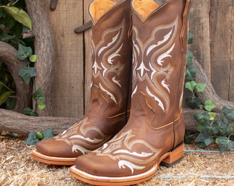 WOMENS COWGIRL cowboy square toe leather embroidered BOOTS