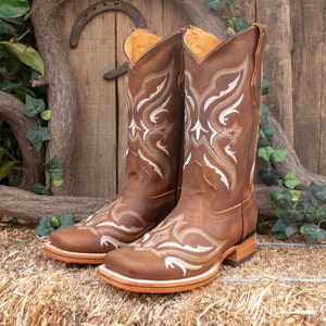WOMENS COWGIRL Cowboy Karree Leder bestickte Stiefel