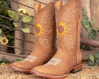 WOMENS COWGIRL cowboy square toe leather sunflower embroidered BOOTS