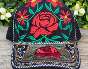Womens Red ROSE EMBROIDERED Adjustable Trucker Hat Cap With COW