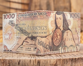 メキシコ 1000 ペソ紙幣 メキシコレザー レーザープリント 二つ折り