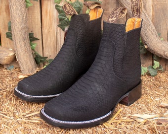 MENS LEATHER COWBOY nubuck suede snake skin faux square toe half boots botines