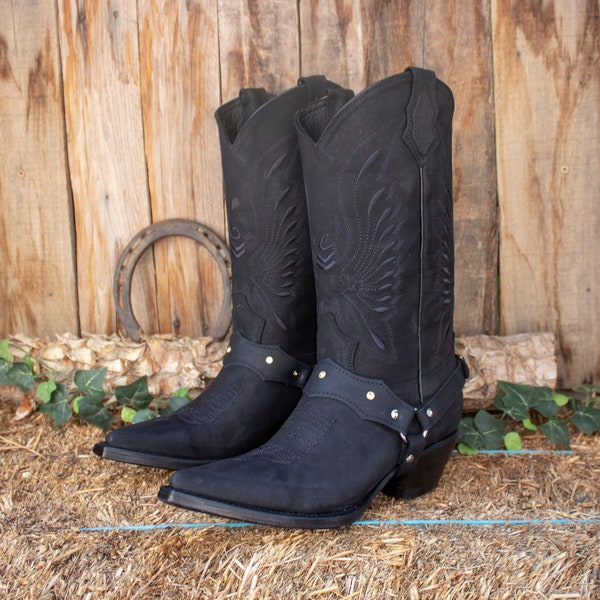 WOMENS COWGIRL black nubuck cowboy pointed toe leather western embroidered BOOTS