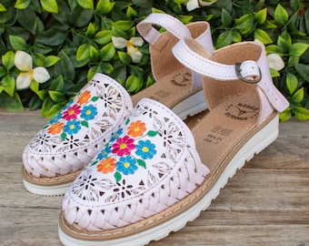 WOMENS white leather flower embroidered shoe huarache MEXICAN SANDALS