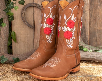 WOMENS COWGIRL cowboy square toe leather rose embroidered BOOTS