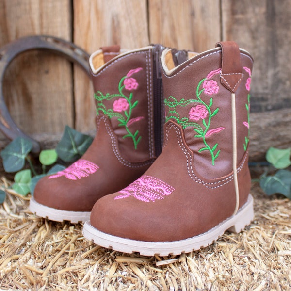 Girls BABY EMBROIDERED pink ROSE round toe leather cowgirl cowboy boots