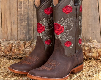 WOMENS COWGIRL cowboy square toe brown leather rose embroidered BOOTS