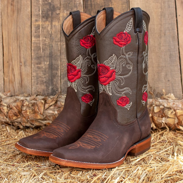 WOMENS COWGIRL cowboy square toe brown leather rose embroidered BOOTS