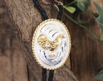 WESTERN Rooster gallo cowboy cowgirl alpaca silver Leather BOLO TIE corbatero charro