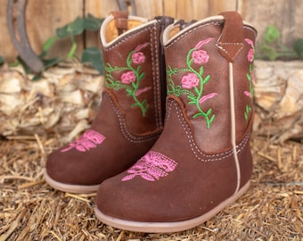 Stivali da cowboy da cowgirl in pelle con punta tonda rosa BABY EMBROIDERED ROSE