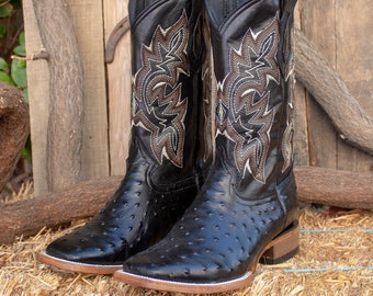 MENS black faux OSTRICH print LEATHER Cowboy wide square toe boots