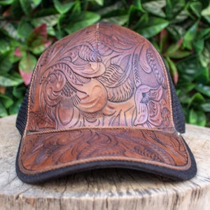 LEDEREN Bloem HANDGEREEDS bewerkte verstelbare westernmuts met SNAPBACK cincelado