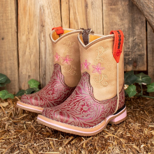 Girls BABY pink FLORAL leather STAMPED embroidered round toe leather cowboy cowgirl boots