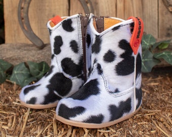 Girls BABY leather COW PRINT round toe leather cowboy cowgirl boots