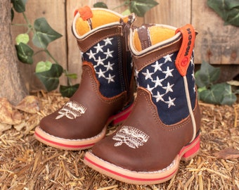 Boys Girls Baby USA Stars EMBROIDERED AMERICAN Flag unisex leather cowgirl cowboy boots