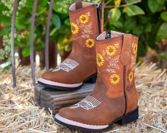 Botas vaqueras de cuero con punta cuadrada para niñas pequeñas y jóvenes girasol botas girasol