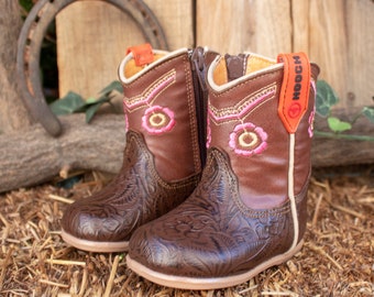 Girls BABY FLORAL leather STAMPED embroidered round toe leather cowboy cowgirl boots