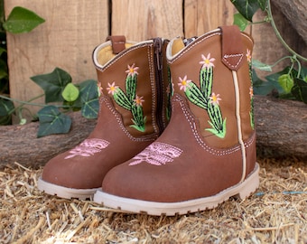 Girls BABY CACTUS Flower EMBROIDERED round toe leather cowgirl cowboy boots