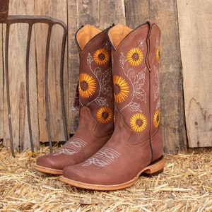 WOMENS COWGIRL cowboy square toe leather sunflower embroidered BOOTS