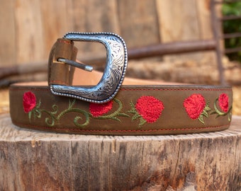 WOMENS ROSE EMBROIDERED Western cowgirl cowboy leather belt