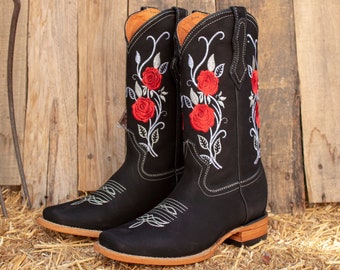 WOMENS COWGIRL cowboy square toe leather rose embroidered BOOTS