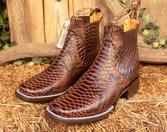 MENS LEATHER COWBOY snake skin faux square toe half boots botines