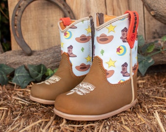 BABY unisex WESTERN CARTOON themed printed round toe leather cowboy boots