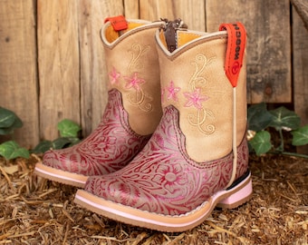 Mädchen BABY rosa FLORAL Leder STAMPED gestickte runde Kappe Leder Cowboy Cowgirl Stiefel