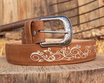 WOMENS BROWN EMBROIDERED Western cowgirl cowboy leather belt cinto