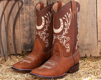 WOMENS COWGIRL cowboy square toe leather horseshoe embroidered BOOTS
