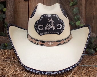 MENS Natural STRAW Western Cowboy-Hut SOMBRERO Pferd Design