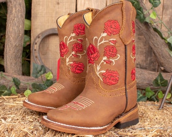 GIRLS TODDLER YOUTH Red rose embroidered western square toe leather cowboy boots