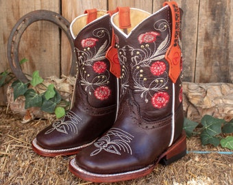 GIRLS TODDLER YOUTH Red flower embroidered western square toe leather cowboy boots