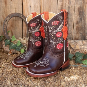 GIRLS TODDLER YOUTH Red flower embroidered western square toe leather cowboy boots