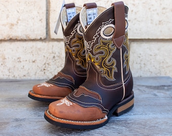 JUGEND KLEINKIND WESTERN Longhorn viereckig Leder Cowboy Stiefel