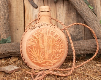 LEATHER stamped MEXICO cactus CANTEEN cantimplora de piel