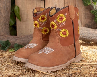 Girls BABY EMBROIDERED SUNFLOWER round toe leather cowboy boots