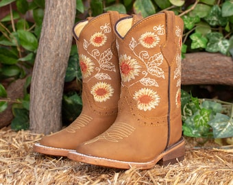 GIRLS TODDLER YOUTH sunflower embroidered western square toe leather cowboy boots
