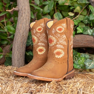 GIRLS TODDLER YOUTH Sunflower Embroidered Western Square Toe