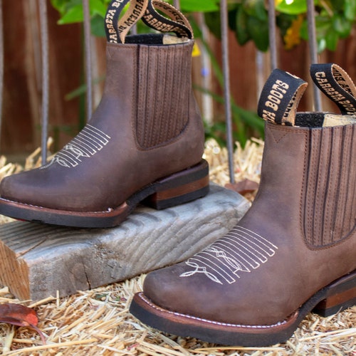 Youth Toddler Western Ankle Square Toe Leather Cowboy Half Boots Botines