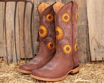 WOMENS COWGIRL cowboy square toe leather sunflower embroidered BOOTS